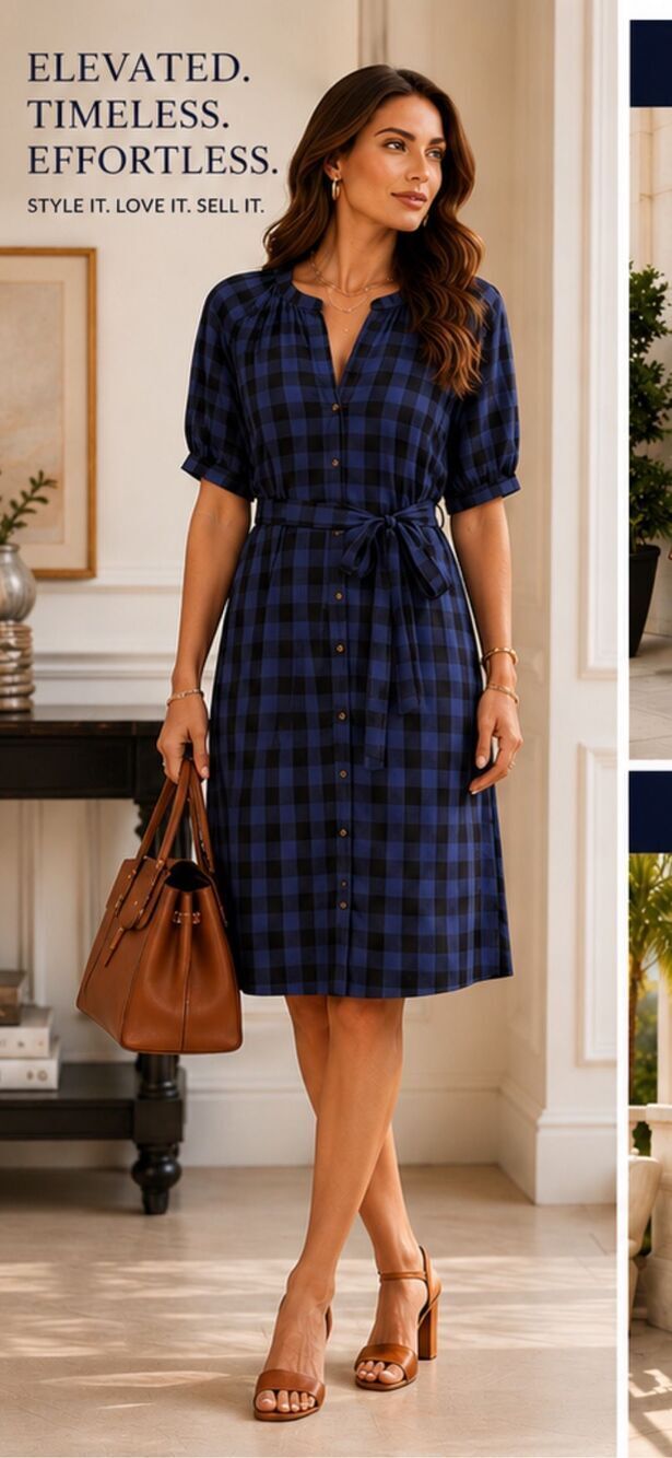 Women’s Blue Black Buffalo Plaid Tie Waist Button Front Shirt Dress Split V Neck